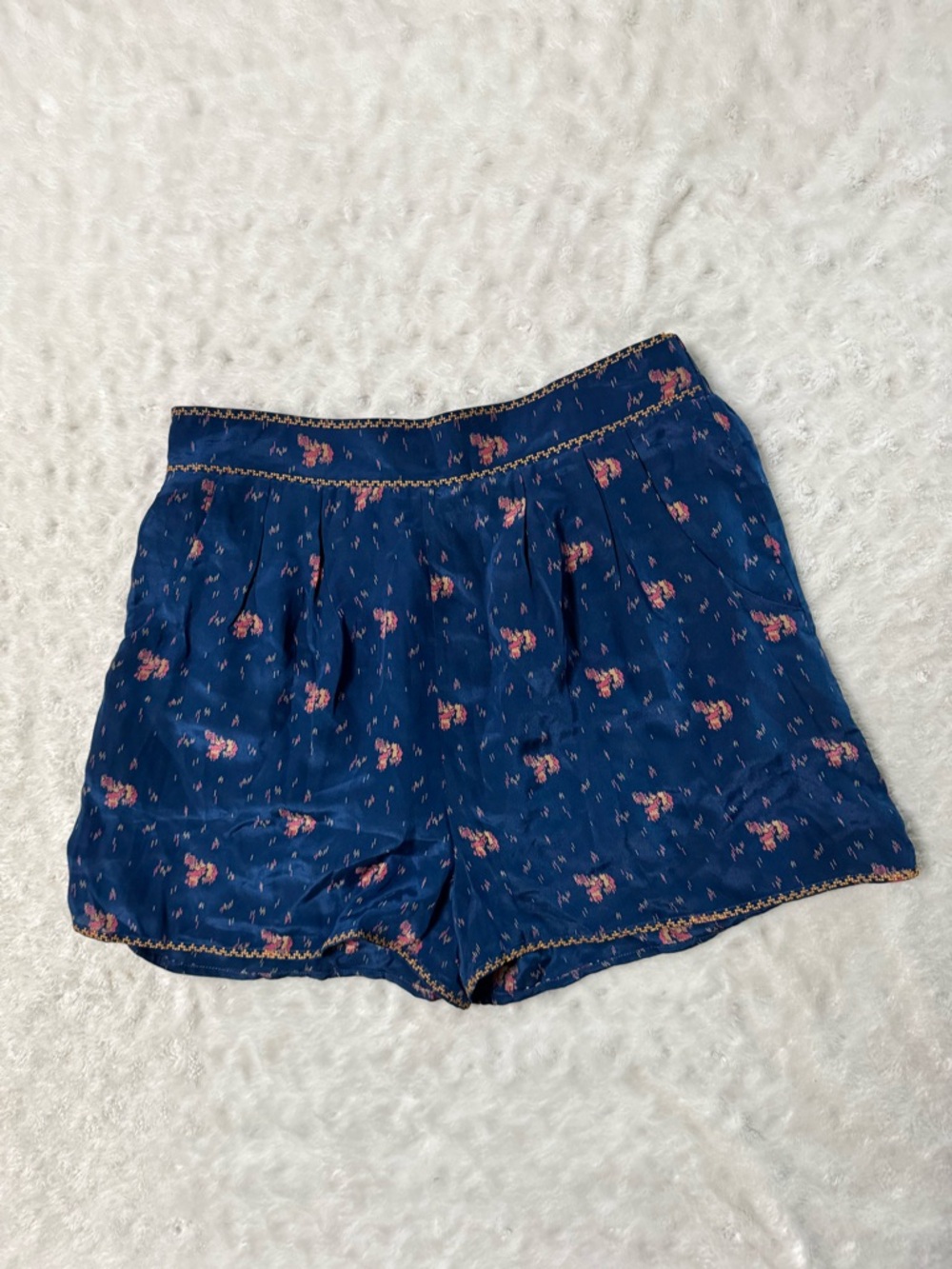 PRIMROSE 100% Silk Navy Floral Print Shorts